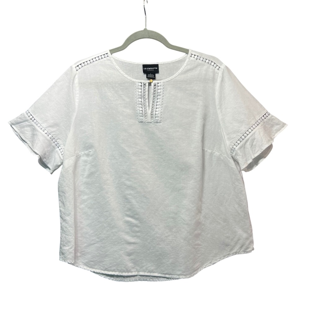 Liz Claiborne Career‎ White Linen Cotton Blend Lace Trim Short Sleeve Top L